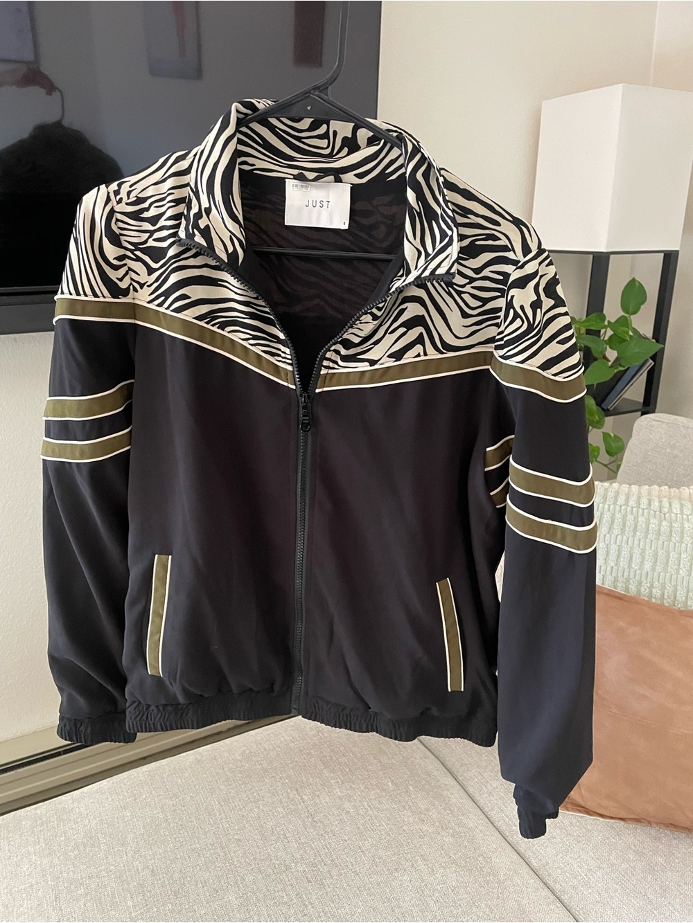 Black and Ivory Zebra-Accent Track Jacket